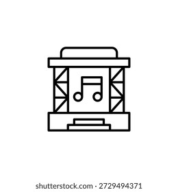 Icono de contorno del escenario de música con notas que representan la actuación de concierto en vivo