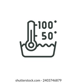 Outline Icon With Numbers, Bowl With Hot Water and Thermometer. Such Line sign as High Liquid Temperature From 50 to 100 Degrees, Machine Wash Temperature 50-100 C. Vector Isolated Pictogram Stroke.