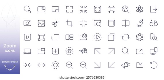 Outline icon on the topic of screen zoom, magnifying glass, layout, zoom out, zoom in. Zoom icon. 