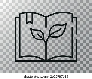 Outline icon of an open book with a sprout growing from pages, symbolizing eco-friendly learning, education, and sustainability. Transparent background.