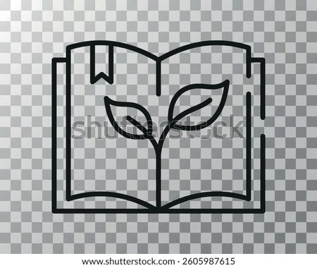 Outline icon of an open book with a sprout growing from pages, symbolizing eco-friendly learning, education, and sustainability. Transparent background.