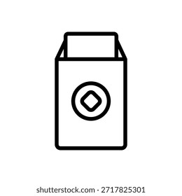 Icono de contorno de un sobre chino abierto que muestra un papel moneda. Ideal para temas de prosperidad, imágenes del Año Nuevo Lunar, símbolos de la fortuna y diseños de saludos festivos.