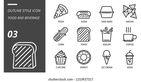 Outline icon pack for food and beverage, pizza, sushi, take away, nacho, corn, toast, yogurt, coffee, cupcake, donuts, ice cream, soda