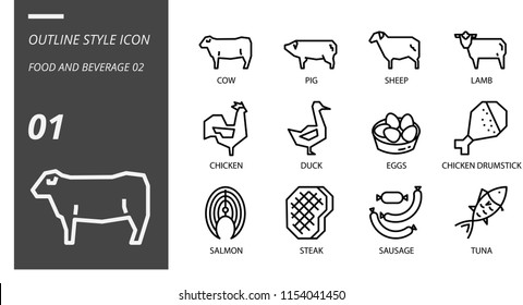 Outline icon pack for food and beverage, cow, pig, sheep, lamb, chicken, duck, eggs, chicken drumstick, salmon, steak, sausage, tuna