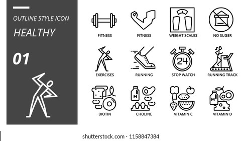 Outline Icon Pack For Healthy,fitness, Weight, Scales, No, Sugar, Exercises, Running, Stop, Watch, Running Track, Biotin, Choline, Vitamin C, Vitamin D.