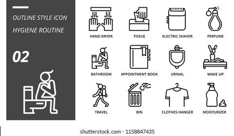 Outline icon pack for hygiene routine, hand dryer, tissue,electric shaver, perfume, bathroom, appointment book, urinal, wake up, travel, bin, clothes hanger, moisturizer.