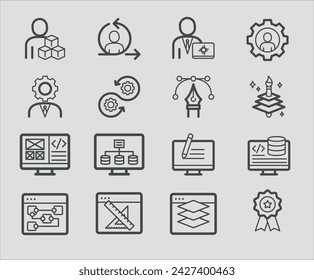 Outline icon pack of technology, design, and user experience-related professions