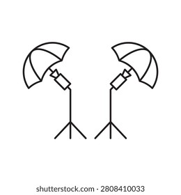 Outline icon of a pair of studio lighting umbrellas on stands.