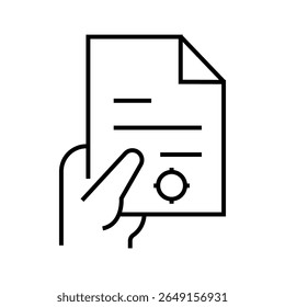 Outline icon of a paper with magnifying glass representing document analysis and review. Editable stroke. Vector illustration.