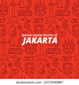 Outline Icon Pattern Background of Jakarta City Doodle Illustration. Indonesia City and Culture Object Concept Isolated Premium Vector.