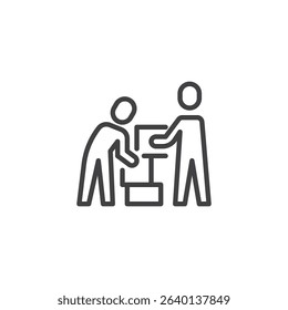Outline icon of people assembling building blocks, symbolizing team development, trust, and cooperation. This line vector icon represents growth through collaboration. Logo icon vector style.