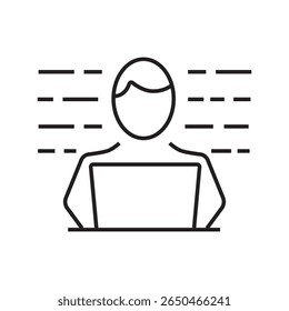 Outline icon of person with code symbol. Represents web developer, programmer, or software engineer. Linear vector, editable stroke. vector illustration