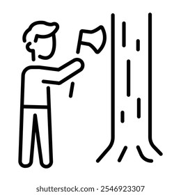 An outline icon of a person cutting tree with an axe