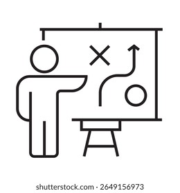 Outline icon of a person giving a business presentation using a board chart. Editable stroke. Vector illustration.