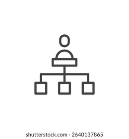 Outline icon of a person with a hierarchical structure chart, showing leadership or team roles. This line vector icon is ideal for organization visuals. Symbol, logo icon format.