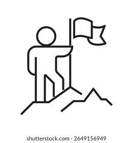 Outline icon of a person on a mountain peak with a flag, symbolizing leadership, achievement, and business success. Editable stroke. Vector illustration.