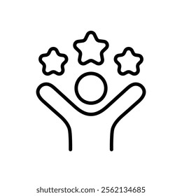 Outline icon of a person raising hands with three stars above, symbolizing talent acquisition, employee recognition, and customer satisfaction.