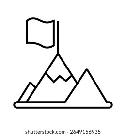 Outline icon of a person reaching a flag on top of stairs representing goal achievement. Editable stroke. Vector illustration.
