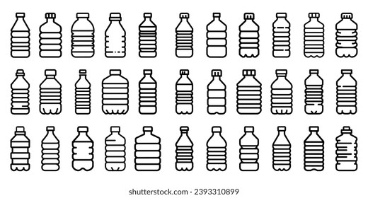 outline icon plastic bottles for water, plastic container water bottle set, vector isolated on white background, 