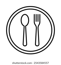 Outline icon of a plate with fork and spoon, symbolizing dining. Editable stroke