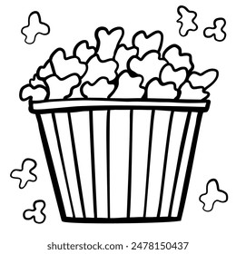 Icono de contorno Cubo de palomitas de maíz, doodle pop corn contenedor de cine o cine snack de comida aislado sobre fondo blanco. Ilustración vectorial.