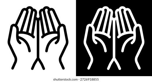 Icono de contorno del gesto de las manos que rezan. Pictograma de Vector limpio que representa la oración, la petición, la esperanza, la gratitud y la conexión espiritual. Ilustración de estilo de línea mínima con contornos precisos.