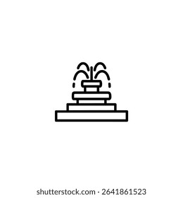 Outline icon of a public fountain, showing a tiered structure with arcing water jet lines. Monochrome vector for park, city, or landmark themes.
