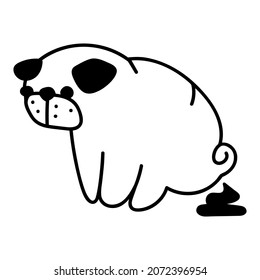 Outline icon. Pug is pooping. Vector illustration on white background.