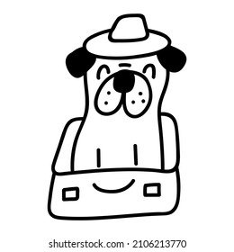 Outline icon. Pug sit in suitcase. Vector hand drawn illustration on white background. 