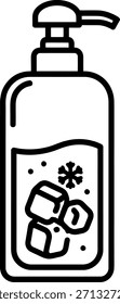 Outline icon of pump bottle with cooling liquid, ice cubes, and a snowflake. Represents refreshing hygiene.