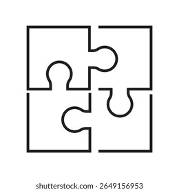 Outline icon of puzzle pieces fitting together symbolizing connection, teamwork, and solution. Editable stroke. Vector illustration.