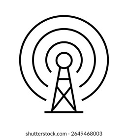 Outline icon of radio antenna. Symbolizes signal transmission, broadcasting, communication, and wireless network. Editable stroke, vector illustration.