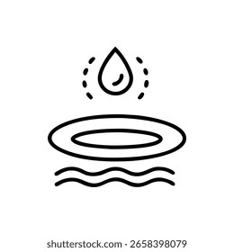 Icono de contorno de una gota de lluvia que cae sobre las ondas de agua salpican