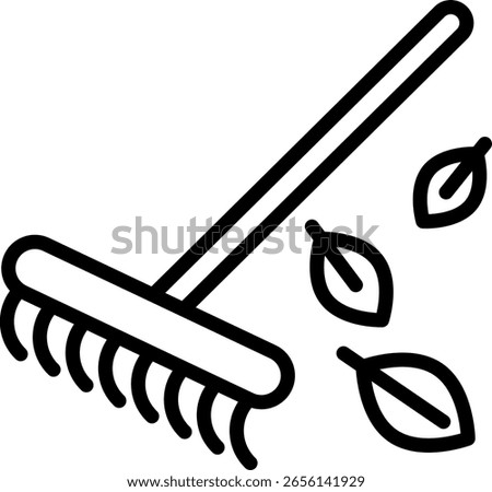 Outline icon of rake with fallen leaves. Editable stroke vector. Great for gardening, autumn, or cleanup concepts.