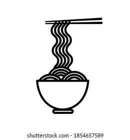 Outline icon with ramen noodle, bowl and pair of chopsticks. Vector illustration in flat style on white background