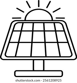 An outline icon renewable energy. Features a solar panel with sunlight rays, ideal for themes related to sustainability, green energy, and clean technology. 