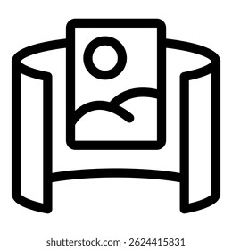Outline icon representing an augmented reality app showing a landscape painting on a smartphone or tablet