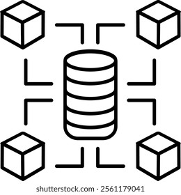 outline icon representing cryptocurrency and blockchain technology. Features a digital coin surrounded by interconnected blocks, symbolizing decentralized networks.