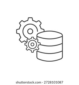 Ícone de esboço representando o gerenciamento de banco de dados ou o processamento de dados, apresentando uma pilha de cilindros de banco de dados ao lado de duas engrenagens interligadas, simbolizando configurações, configuração e operação do sistema. Ide