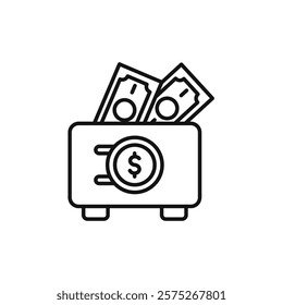 An outline icon representing financial concepts like savings, loans, and budgets, featuring a piggy bank and dollar bills to clearly symbolize essential money management strategies