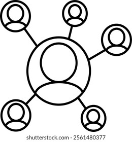 outline icon representing networking. Features connected circles around a central node, symbolizing communication, connectivity, and data exchange.