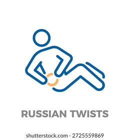 Icono de contorno que representa a una persona haciendo giros rusos, un ejercicio para los músculos abdominales y la fuerza central. Ilustración de icono de línea delgada de Vector con trazo editable