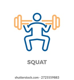 Ícone de contorno representando uma pessoa que executa um agachamento de barbell, simbolizando fitness, levantamento de peso e treinamento de força. Ilustração de ícone de linha fina de vetor com traçado editável
