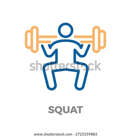 Outline icon representing a person performing a barbell squat, symbolizing fitness, weightlifting, and strength training. Vector thin line icon illustration with editable stroke