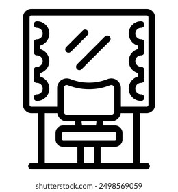 Outline icon representing a piece of hair salon equipment with a mirror and a chair