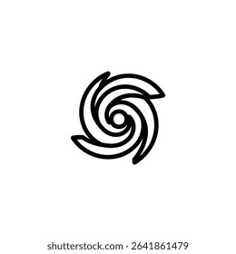 Outline icon representing a spiral galaxy, depicted by bold, curved arms emanating from a central core. Monochrome vector for astronomy or cosmology themes.
