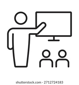 Outline icon representing training, lecture, online course, or business presentation to a small audience.
