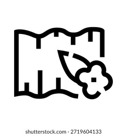 Outline icon representing a waving textile with an arrow pointing from a flower, symbolizing the fresh, pleasant scent and softness provided by a fabric conditioner during laundry