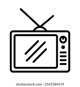 Ícone de contorno de uma TV retrô com antena, representando a mídia. Traçado editável.