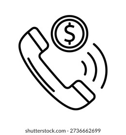 Outline icon of ringing telephone receiver with dollar coin above